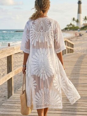 Raj Women's White Lace Cover-Up Kimono - Lightweight Beach Wrap